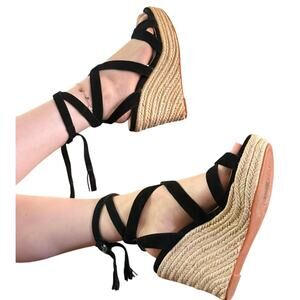 Splendid Womens Tessie Suede Wedge Ankle Strap Shoes Black 8